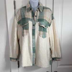 Cozy Plaid Teddy Jacket - Cream and Green